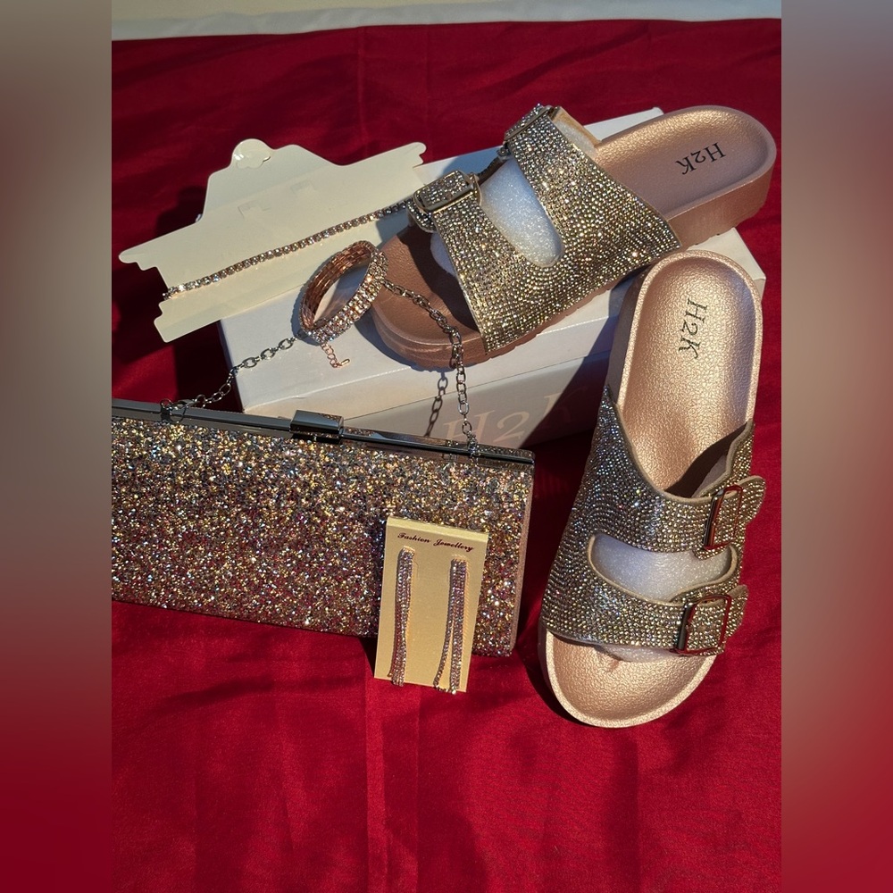 NIB BLING Rose Gold Slides, Clutch & Jewelry … Rtl. $85